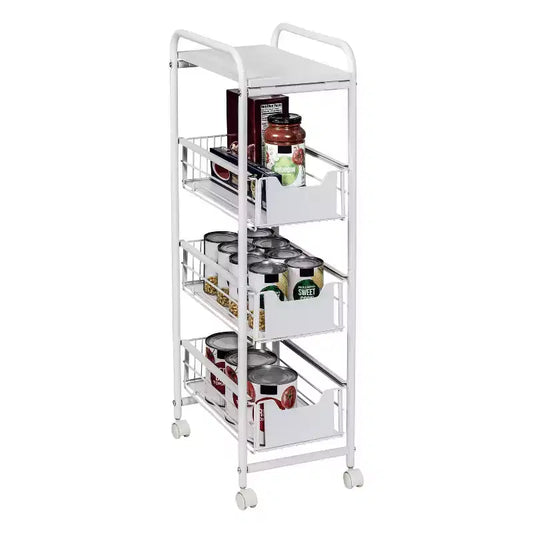 Carrello sottile a 4 ripiani con cestini estraibili: carrello da cucina nero, acciaio verniciato a polvere, ruote con blocco