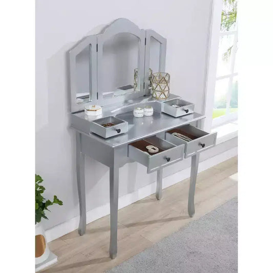 Toeletta vintage in legno con sgabello e specchio, toeletta per trucco con 4 cassetti e ripiano, toeletta compatta per camera da letto, soggiorno