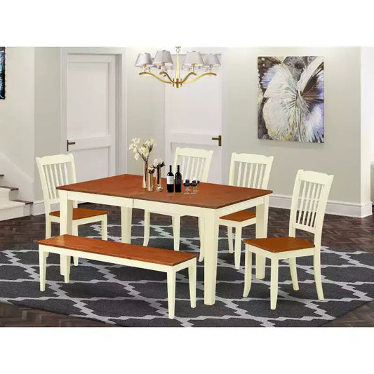 Set da pranzo retrò 6 pz Tavolo rettangolare con allunga e 4 sedie panca - 137/168 cm