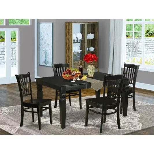 HomeStock Set sala da pranzo 5 pezzi: tavolo rettangolare con piano in legno massello finitura nera e 4 sedie