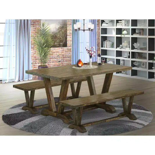 HomeStock Tavolo da pranzo rettangolare a 3 pezzi con piano in legno massiccio, finitura Jacobean anticata e 2 panche