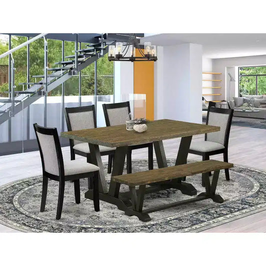 HomeStock Tavolo da Pranzo 6 Pezzi in Legno Massello con Finitura Jacobean Invecchiata, con 1 Panca e 4 Sedie Imbottite