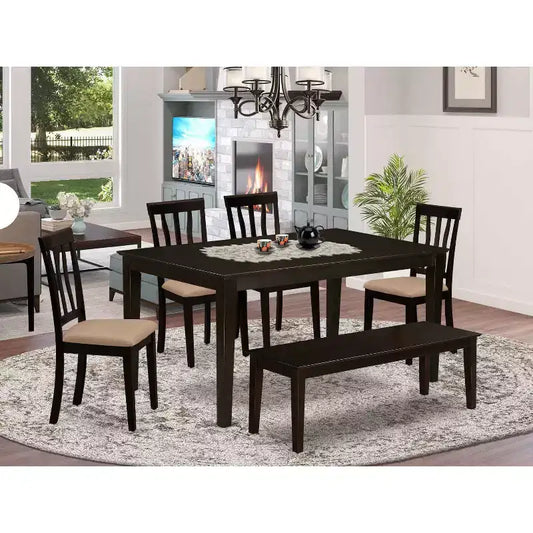 HomeStock Tavolo da Pranzo Rettangolare a 6 Pezzi con Piano in Legno Massello Finitura Cappuccino con 1 Panca, 4 Sedie