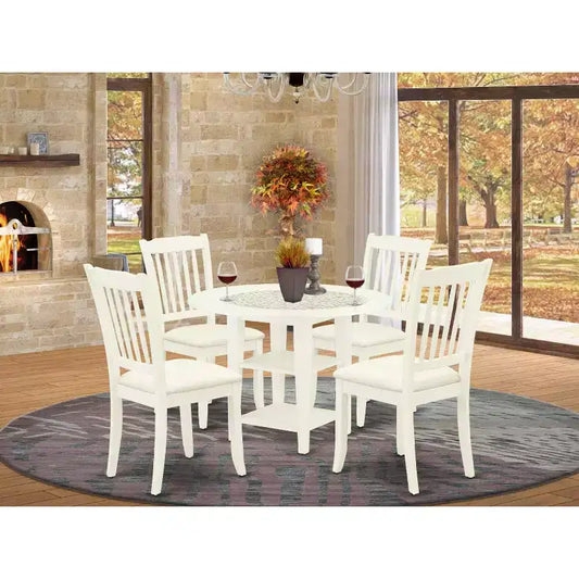 HomeStock Set da Pranzo Rotondo da 5 Pezzi con Piano in Legno Massello Finitura Lino Bianco - con Prolunghe a Ribalta - 4 Posti a Sedere