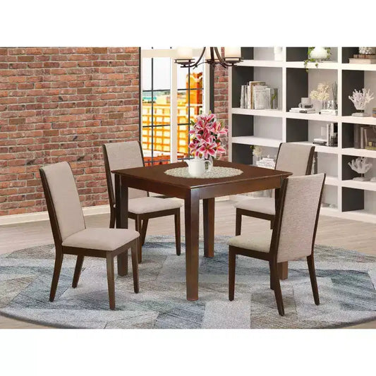 Set da pranzo 5 pezzi in legno massello con finitura mogano, rivestito, con schienale alto - 4 posti a sedere