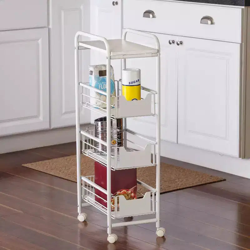 Carrello sottile a 4 ripiani con cestini estraibili: carrello da cucina nero, acciaio verniciato a polvere, ruote con blocco