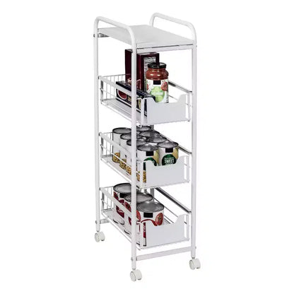 Carrello sottile a 4 ripiani con cestini estraibili: carrello da cucina nero, acciaio verniciato a polvere, ruote con blocco