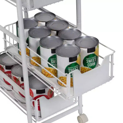 Carrello sottile a 4 ripiani con cestini estraibili: carrello da cucina nero, acciaio verniciato a polvere, ruote con blocco
