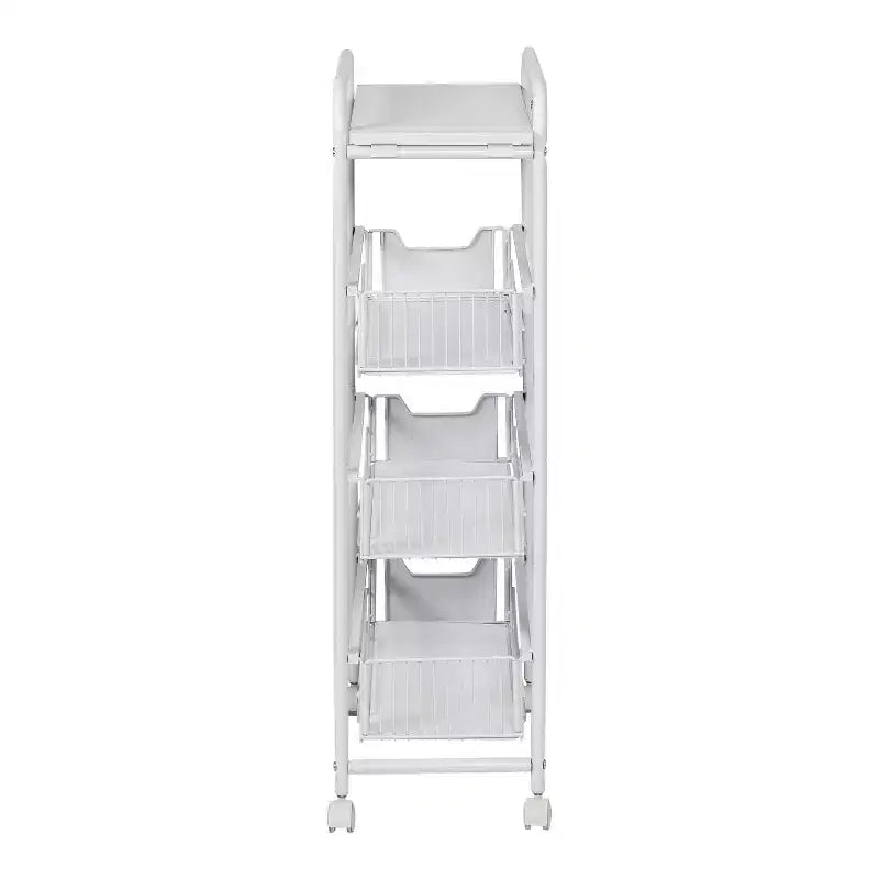 Carrello sottile a 4 ripiani con cestini estraibili: carrello da cucina nero, acciaio verniciato a polvere, ruote con blocco