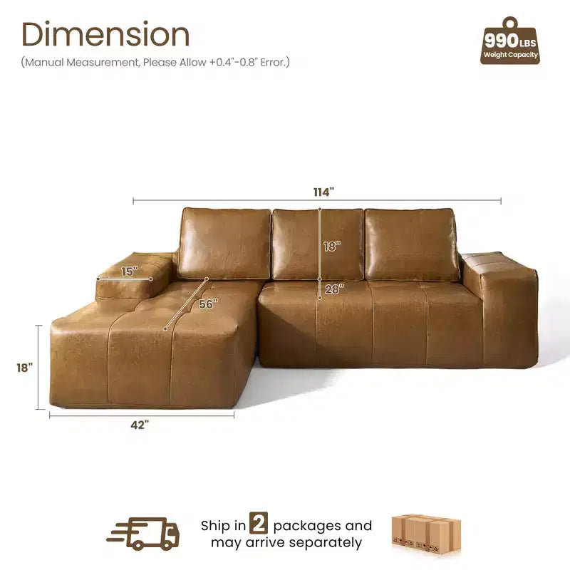 Divano componibile HOMLUX con penisola sinistra/destra, pelle sintetica a spedizione rapida o 4 tessuti Shimmer: montaggio zero, schiuma ad alta densità e molle insacchettate