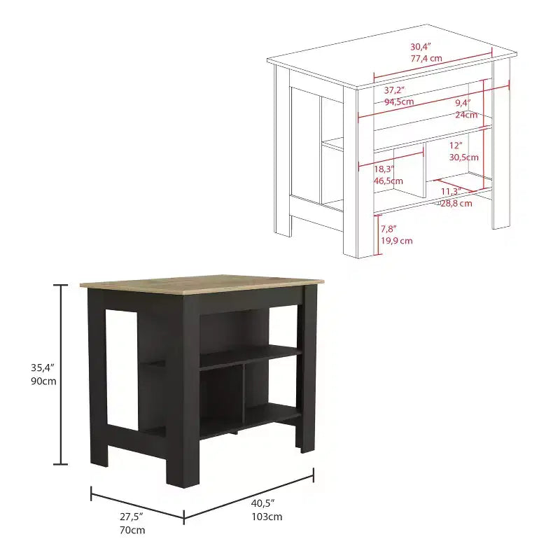 Isola cucina minimalista con contenitore, Tavolo isola cucina con 3 ampi ripiani sotto il tavolo, Organizer da piano per cucina