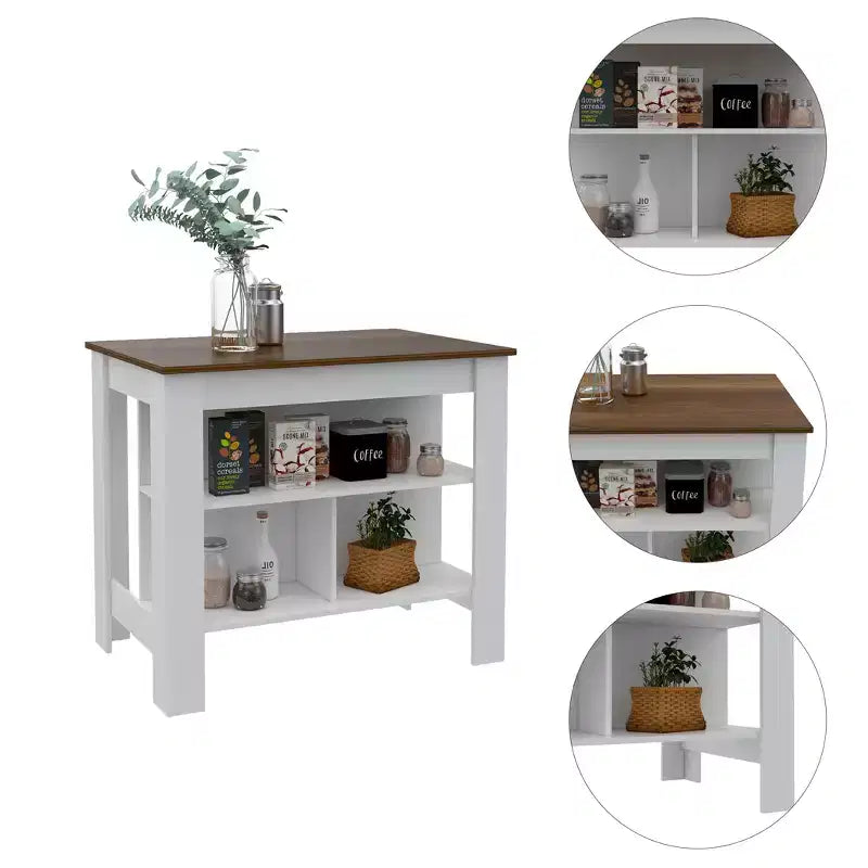 Isola cucina minimalista con contenitore, Tavolo isola cucina con 3 ampi ripiani sotto il tavolo, Organizer da piano per cucina