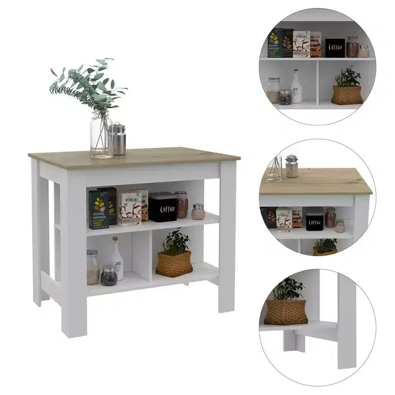 Isola cucina minimalista con contenitore, Tavolo isola cucina con 3 ampi ripiani sotto il tavolo, Organizer da piano per cucina