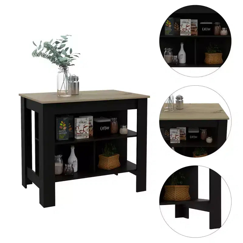 Isola cucina minimalista con contenitore, Tavolo isola cucina con 3 ampi ripiani sotto il tavolo, Organizer da piano per cucina
