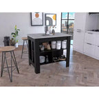 Isola cucina minimalista con contenitore, Tavolo isola cucina con 3 ampi ripiani sotto il tavolo, Organizer da piano per cucina