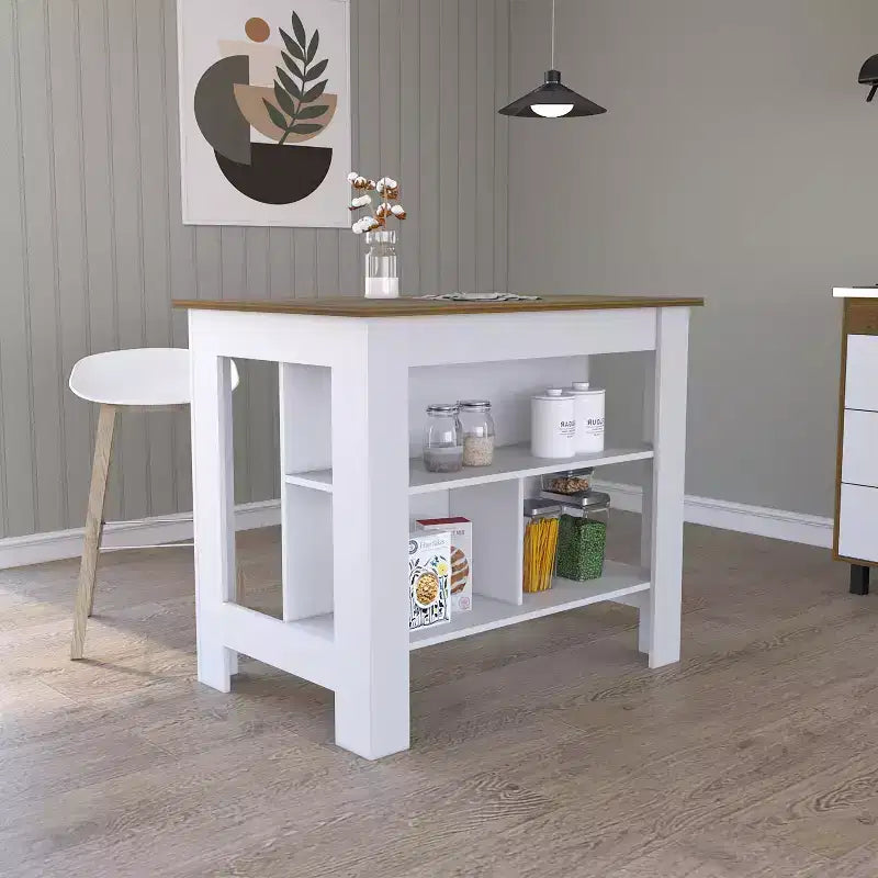 Isola cucina minimalista con contenitore, Tavolo isola cucina con 3 ampi ripiani sotto il tavolo, Organizer da piano per cucina