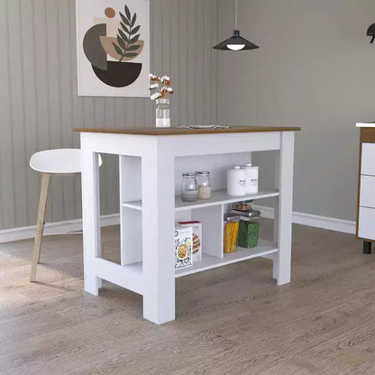 Isola cucina minimalista con contenitore, Tavolo isola cucina con 3 ampi ripiani sotto il tavolo, Organizer da piano per cucina