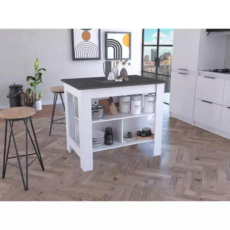 Isola cucina minimalista con contenitore, Tavolo isola cucina con 3 ampi ripiani sotto il tavolo, Organizer da piano per cucina