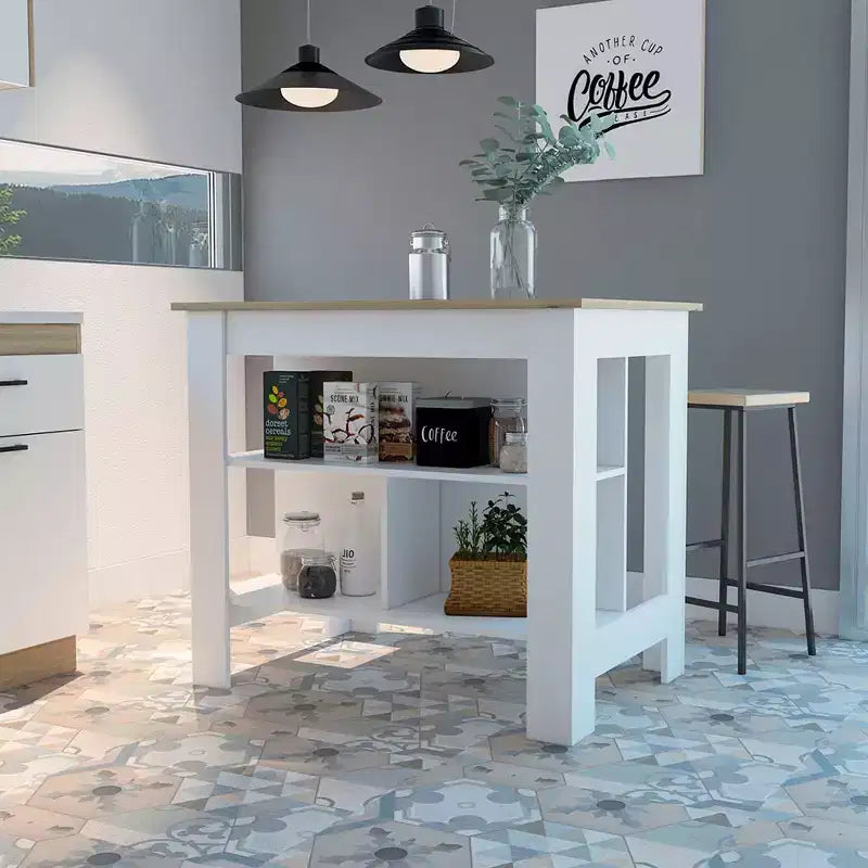 Isola cucina minimalista con contenitore, Tavolo isola cucina con 3 ampi ripiani sotto il tavolo, Organizer da piano per cucina