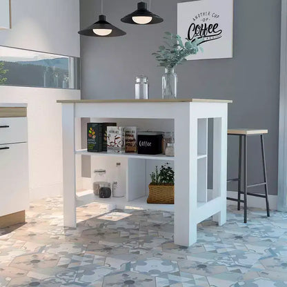 Isola cucina minimalista con contenitore, Tavolo isola cucina con 3 ampi ripiani sotto il tavolo, Organizer da piano per cucina