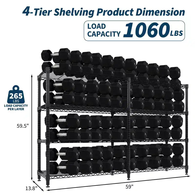Scaffale in metallo resistente a 4 ripiani da 59 pollici di larghezza, capacità di 1060 libbre, mensola regolabile in filo metallico per dispensa, cucina, garage