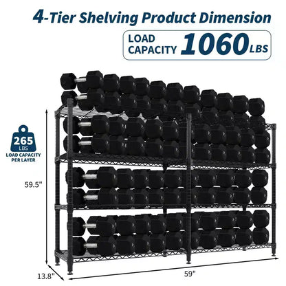 Scaffale in metallo resistente a 4 ripiani da 59 pollici di larghezza, capacità di 1060 libbre, mensola regolabile in filo metallico per dispensa, cucina, garage
