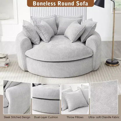 Chaise Longue Tonda 152 cm, Divano Loaf, Divano Tondo Senza Struttura, Letto Divano Completamente Imbottito con 8 Cuscini Decorativi