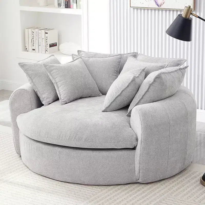 Chaise Longue Tonda 152 cm, Divano Loaf, Divano Tondo Senza Struttura, Letto Divano Completamente Imbottito con 8 Cuscini Decorativi
