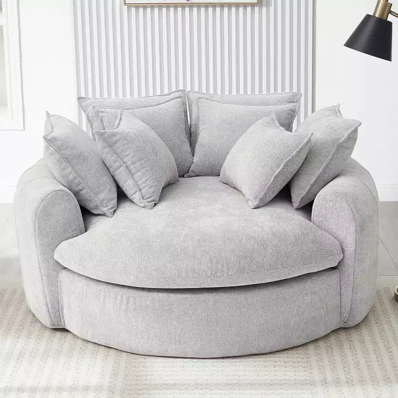 Chaise Longue Tonda 152 cm, Divano Loaf, Divano Tondo Senza Struttura, Letto Divano Completamente Imbottito con 8 Cuscini Decorativi