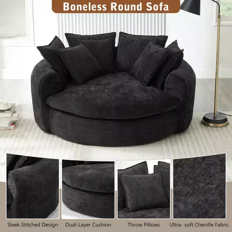 Chaise Longue Tonda 152 cm, Divano Loaf, Divano Tondo Senza Struttura, Letto Divano Completamente Imbottito con 8 Cuscini Decorativi