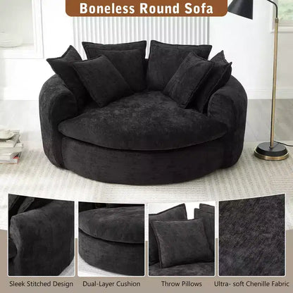 Chaise Longue Tonda 152 cm, Divano Loaf, Divano Tondo Senza Struttura, Letto Divano Completamente Imbottito con 8 Cuscini Decorativi