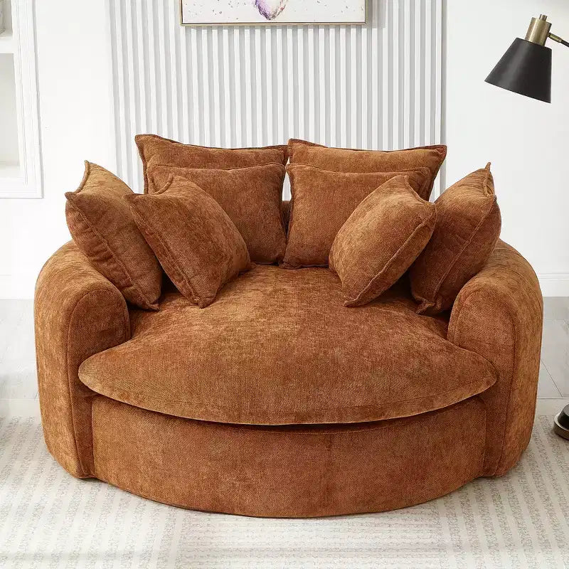 Chaise Longue Tonda 152 cm, Divano Loaf, Divano Tondo Senza Struttura, Letto Divano Completamente Imbottito con 8 Cuscini Decorativi