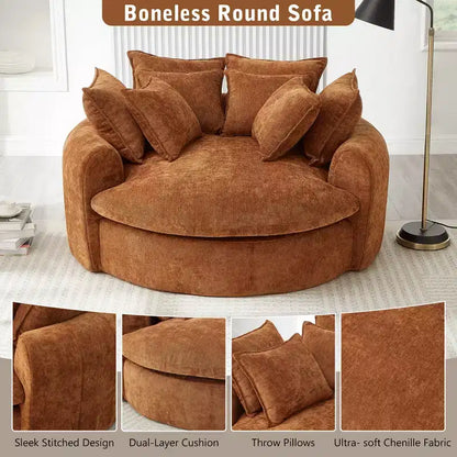 Chaise Longue Tonda 152 cm, Divano Loaf, Divano Tondo Senza Struttura, Letto Divano Completamente Imbottito con 8 Cuscini Decorativi