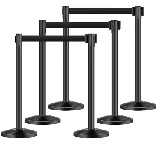 VEVOR Stanchion Post, 6 Pcs Stanchions with Retractable Belts, Carbon Steel Black Stanchions Queue with Sand Injection Hollow Base, Black