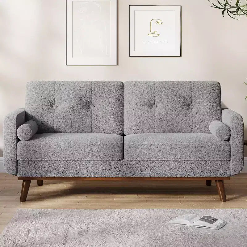 Divanetto Moderno Metà Secolo da 165 cm, Divano a 2 Posti Capitonnè con Gambe e Dettagli in Legno, Divanetto Imbottito per Soggiorno, Camera da Letto e Ufficio
