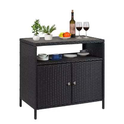 Mobiletto portaoggetti in vimini, tavolo da esterno in resina resistente alle intemperie con ante magnetiche e ripiano spazioso, perfetto per patio, giardino, cucina