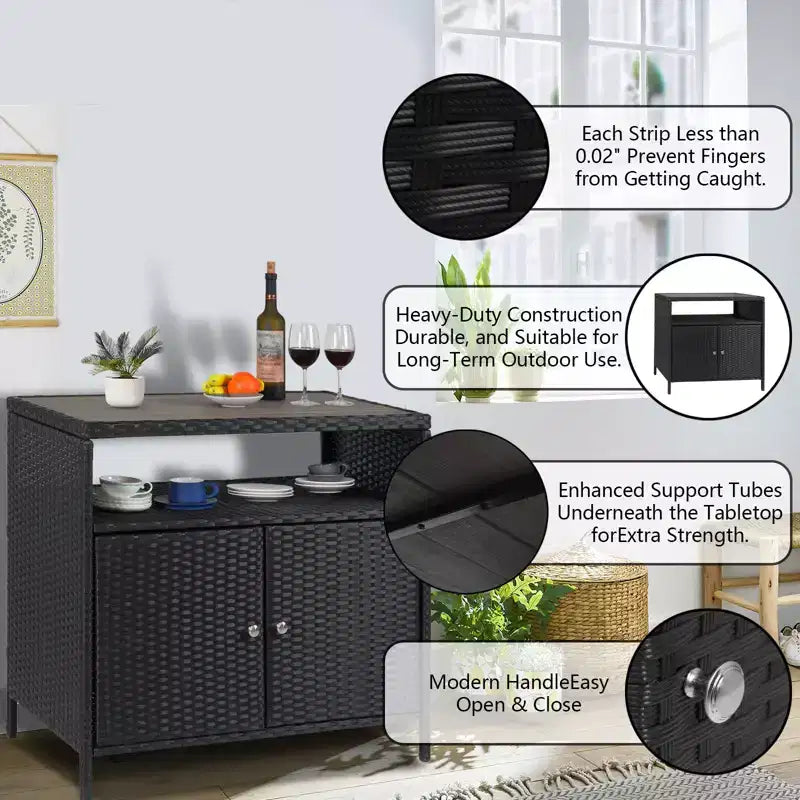 Mobiletto portaoggetti in vimini, tavolo da esterno in resina resistente alle intemperie con ante magnetiche e ripiano spazioso, perfetto per patio, giardino, cucina