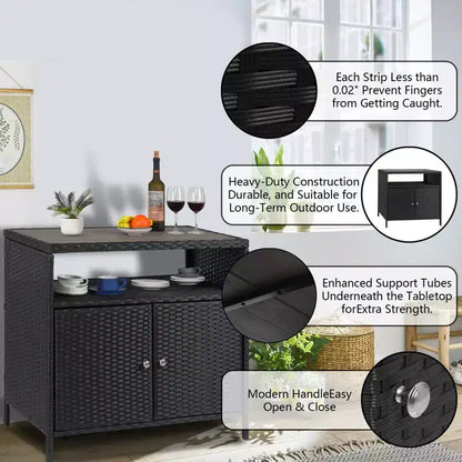 Mobiletto portaoggetti in vimini, tavolo da esterno in resina resistente alle intemperie con ante magnetiche e ripiano spazioso, perfetto per patio, giardino, cucina
