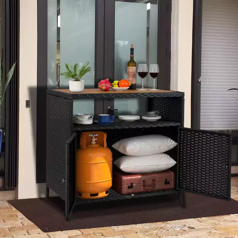 Mobiletto portaoggetti in vimini, tavolo da esterno in resina resistente alle intemperie con ante magnetiche e ripiano spazioso, perfetto per patio, giardino, cucina