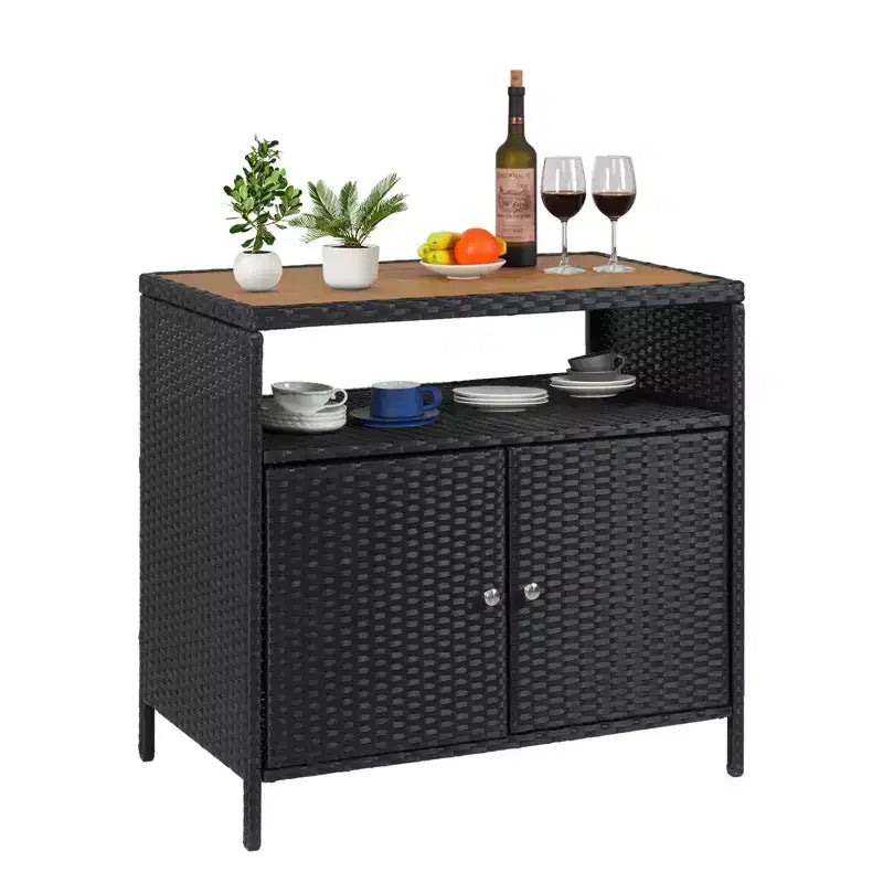 Mobiletto portaoggetti in vimini, tavolo da esterno in resina resistente alle intemperie con ante magnetiche e ripiano spazioso, perfetto per patio, giardino, cucina