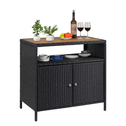 Mobiletto portaoggetti in vimini, tavolo da esterno in resina resistente alle intemperie con ante magnetiche e ripiano spazioso, perfetto per patio, giardino, cucina