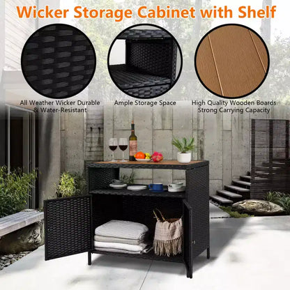 Mobiletto portaoggetti in vimini, tavolo da esterno in resina resistente alle intemperie con ante magnetiche e ripiano spazioso, perfetto per patio, giardino, cucina