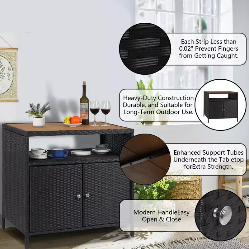 Mobiletto portaoggetti in vimini, tavolo da esterno in resina resistente alle intemperie con ante magnetiche e ripiano spazioso, perfetto per patio, giardino, cucina