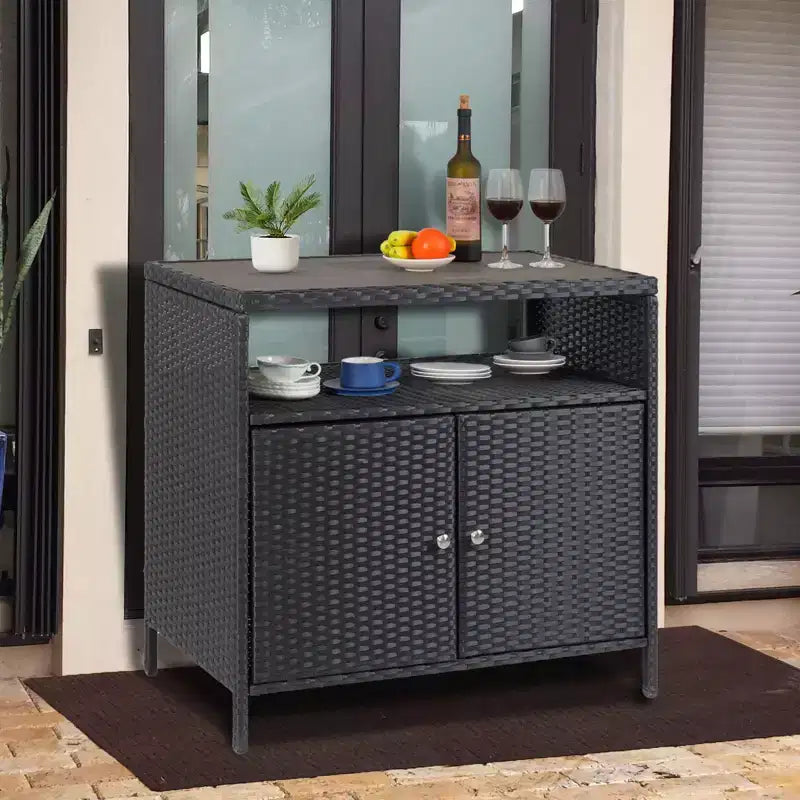 Mobiletto portaoggetti in vimini, tavolo da esterno in resina resistente alle intemperie con ante magnetiche e ripiano spazioso, perfetto per patio, giardino, cucina