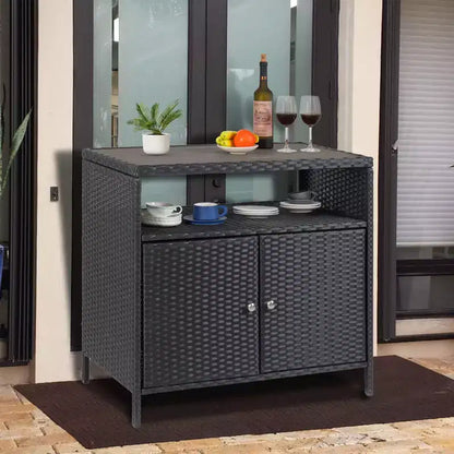 Mobiletto portaoggetti in vimini, tavolo da esterno in resina resistente alle intemperie con ante magnetiche e ripiano spazioso, perfetto per patio, giardino, cucina