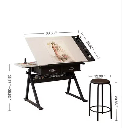 Tavolo da disegno in legno regolabile con 2 cassetti e ripiano, scrivania da disegno per ufficio e scuola per adulti/ragazzi