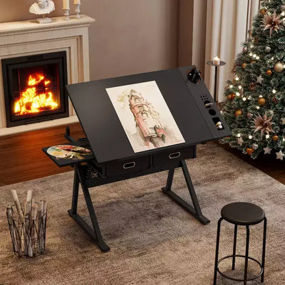 Tavolo da disegno in legno regolabile con 2 cassetti e ripiano, scrivania da disegno per ufficio e scuola per adulti/ragazzi