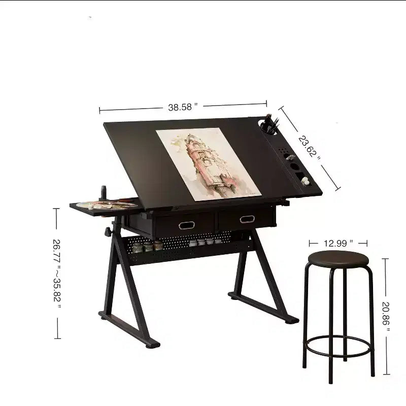 Tavolo da disegno in legno regolabile con 2 cassetti e ripiano, scrivania da disegno per ufficio e scuola per adulti/ragazzi