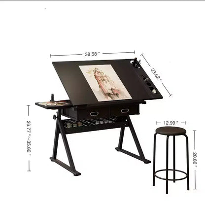 Tavolo da disegno in legno regolabile con 2 cassetti e ripiano, scrivania da disegno per ufficio e scuola per adulti/ragazzi