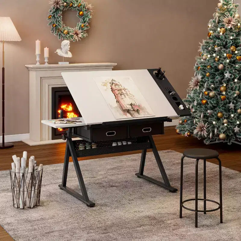 Tavolo da disegno in legno regolabile con 2 cassetti e ripiano, scrivania da disegno per ufficio e scuola per adulti/ragazzi